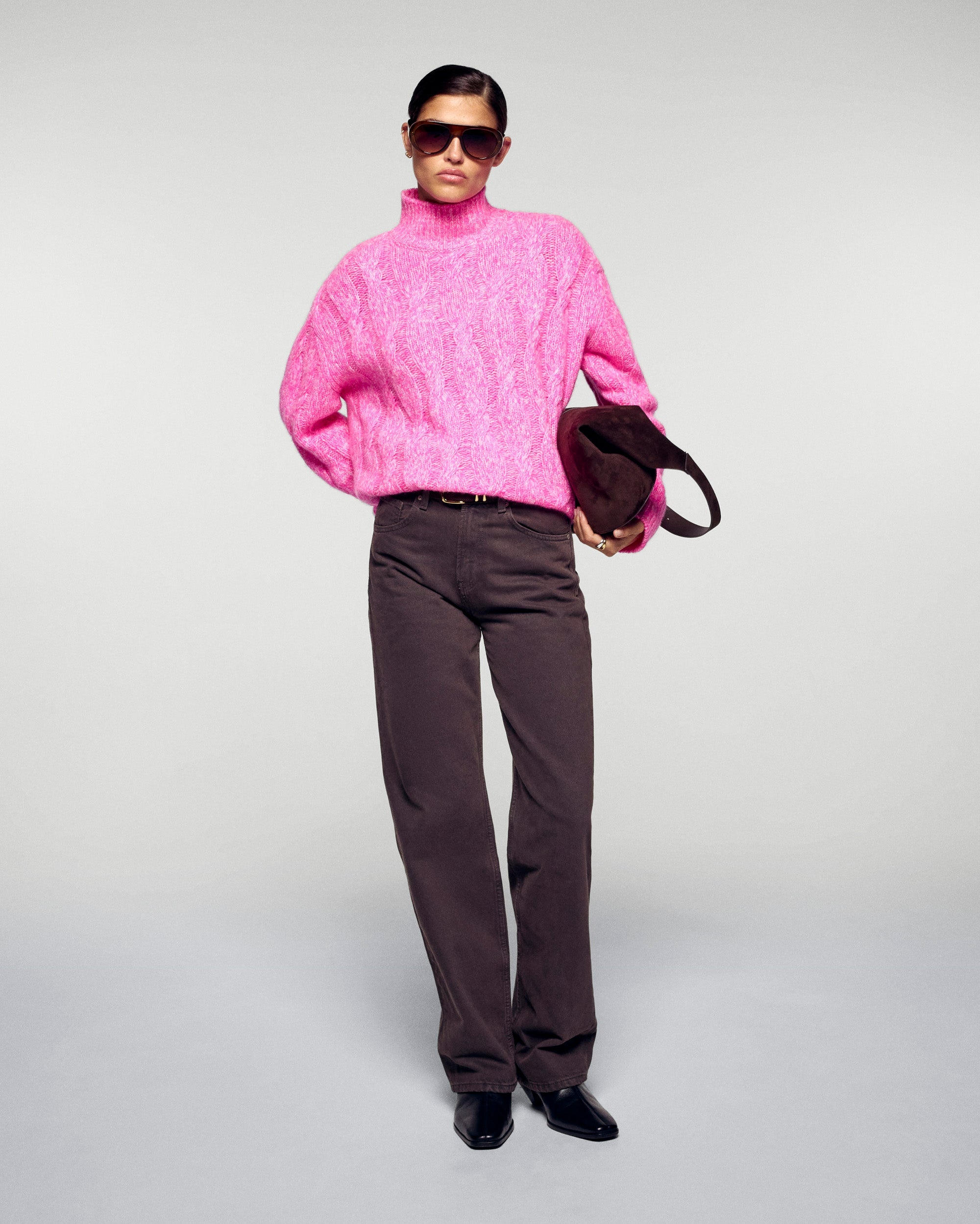 Oversized Cable-knit Mock Neck Sweater (H25 / FEMME / Secret Pink)