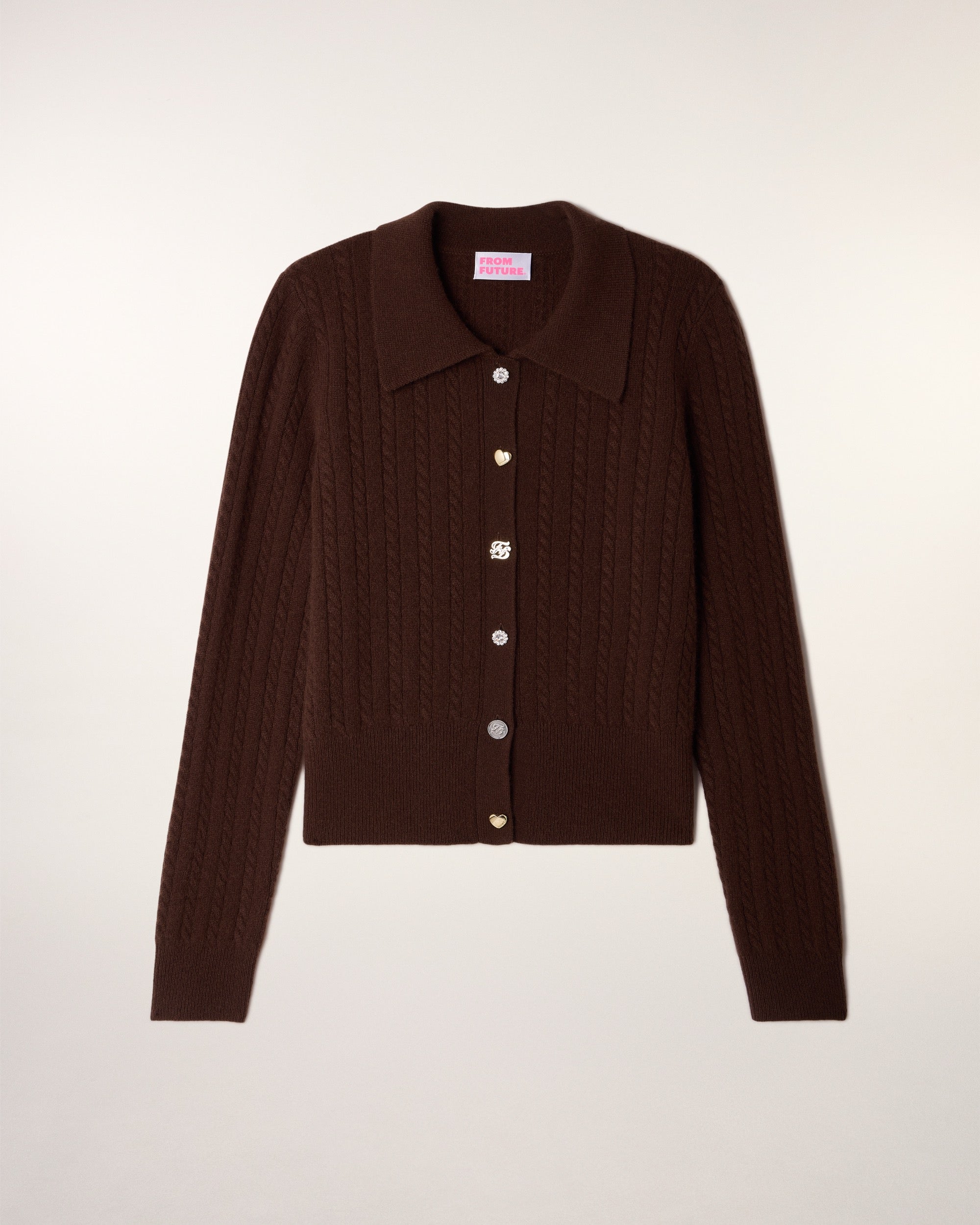 Fine Cable Knit Cardigan Novelty Buttons (S26/ FEMME/ Chocolat)