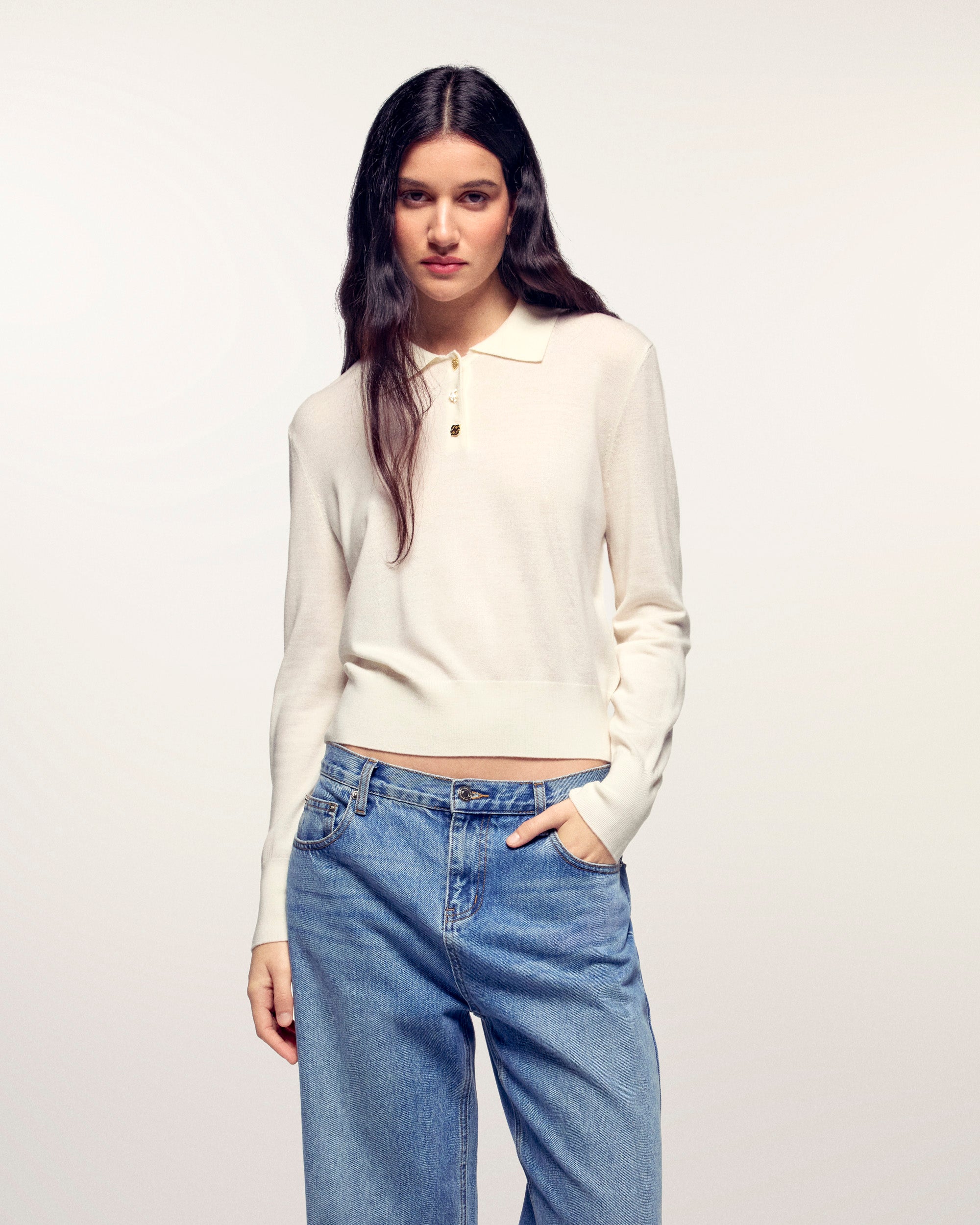 Polo Neck Sweater with Gold Buttons (S26 / FEMME / Ecru / RWS