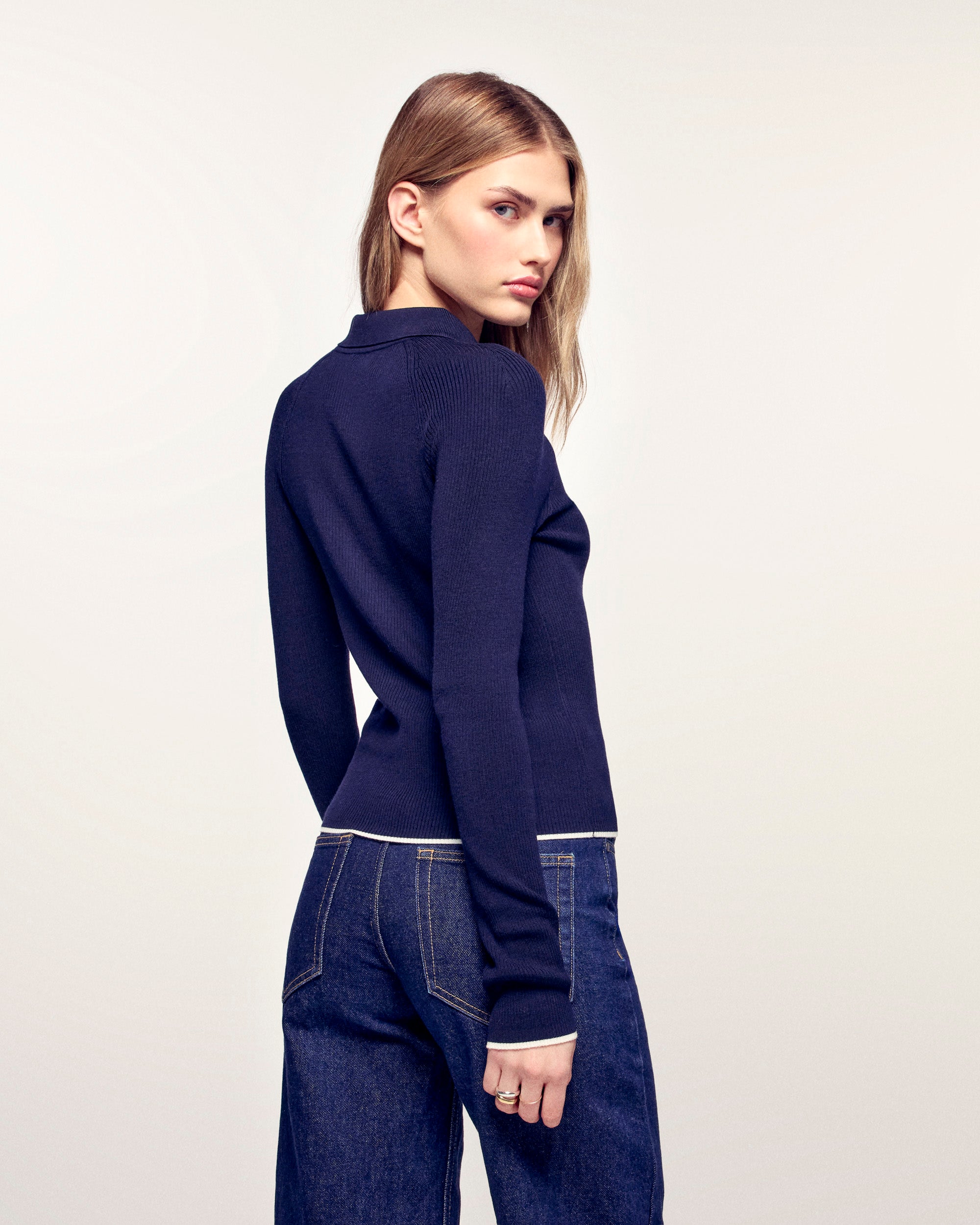 Novelty Button Polo Sweater (S26 / FEMME/ Navy / RWS)