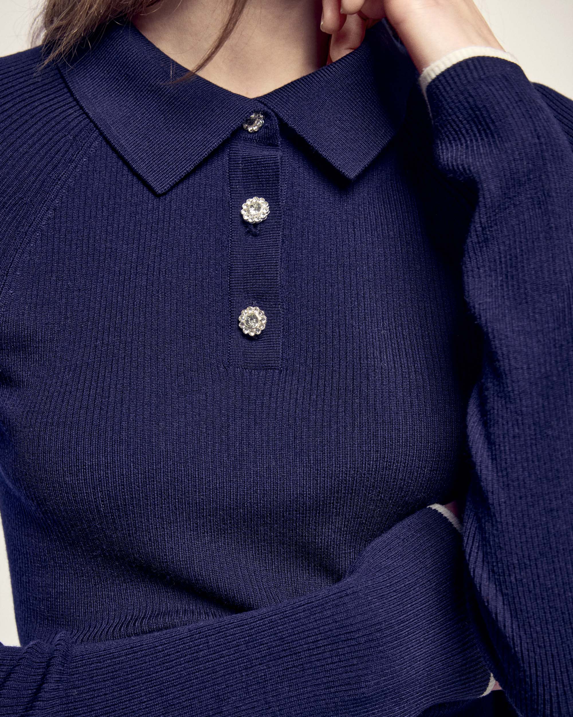 Novelty Button Polo Sweater (S26 / FEMME/ Navy / RWS)