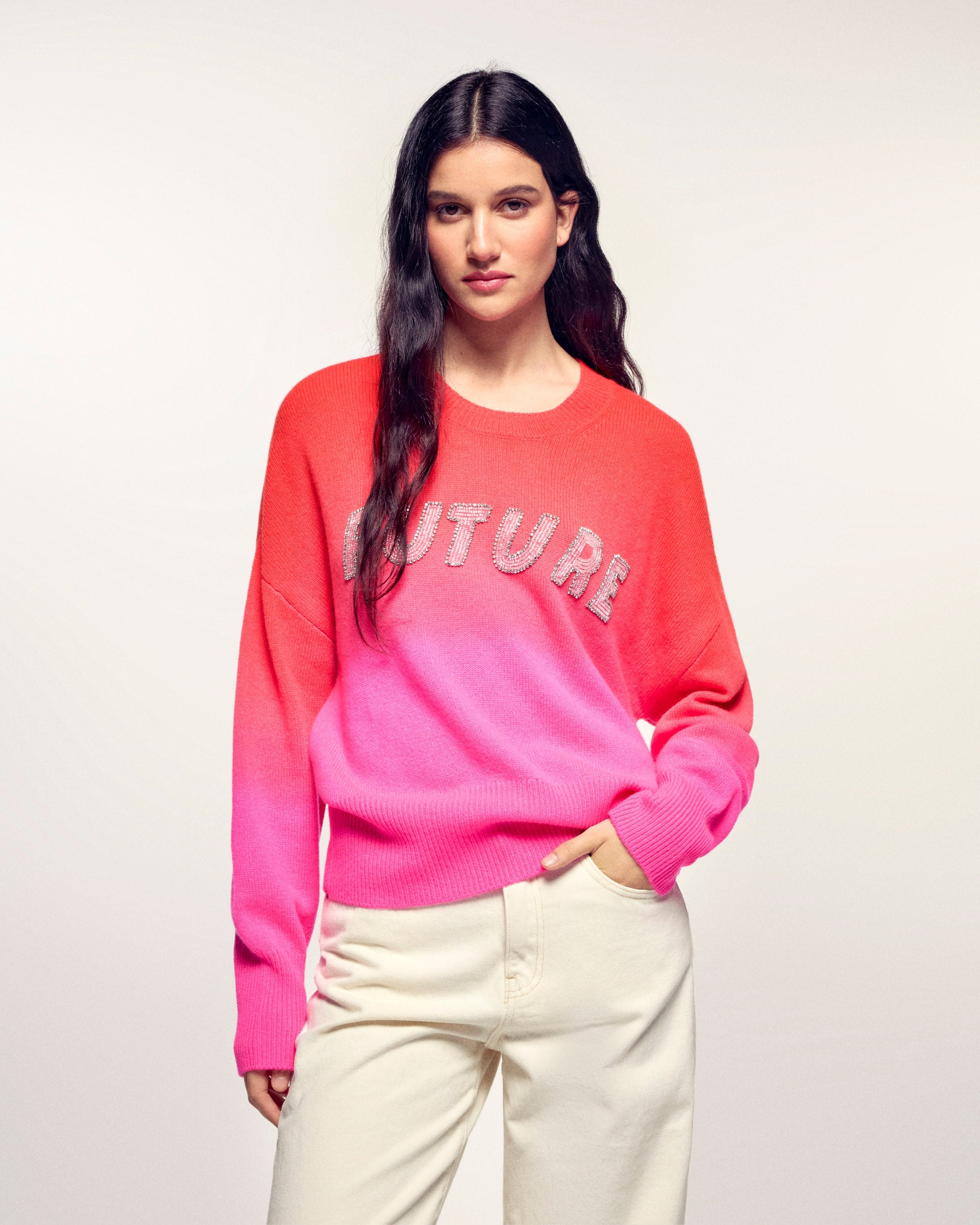 "FUTURE" Pearl Embroidered Crewneck Sweater (S26/ FEMME/ Fire Orange)