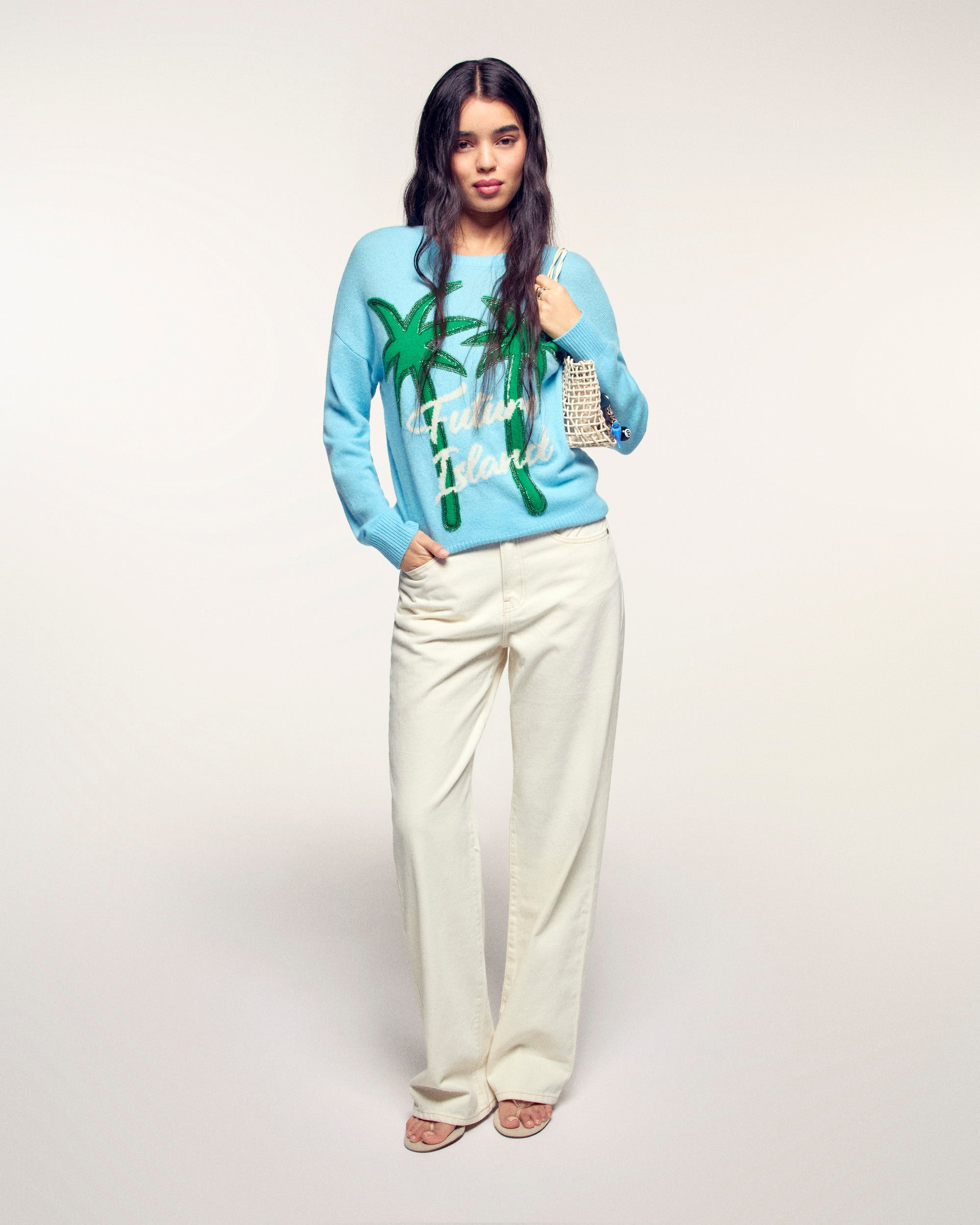 Palm Tree Motif Crewneck Sweater (S26/ FEMME/ Vacation Blue)