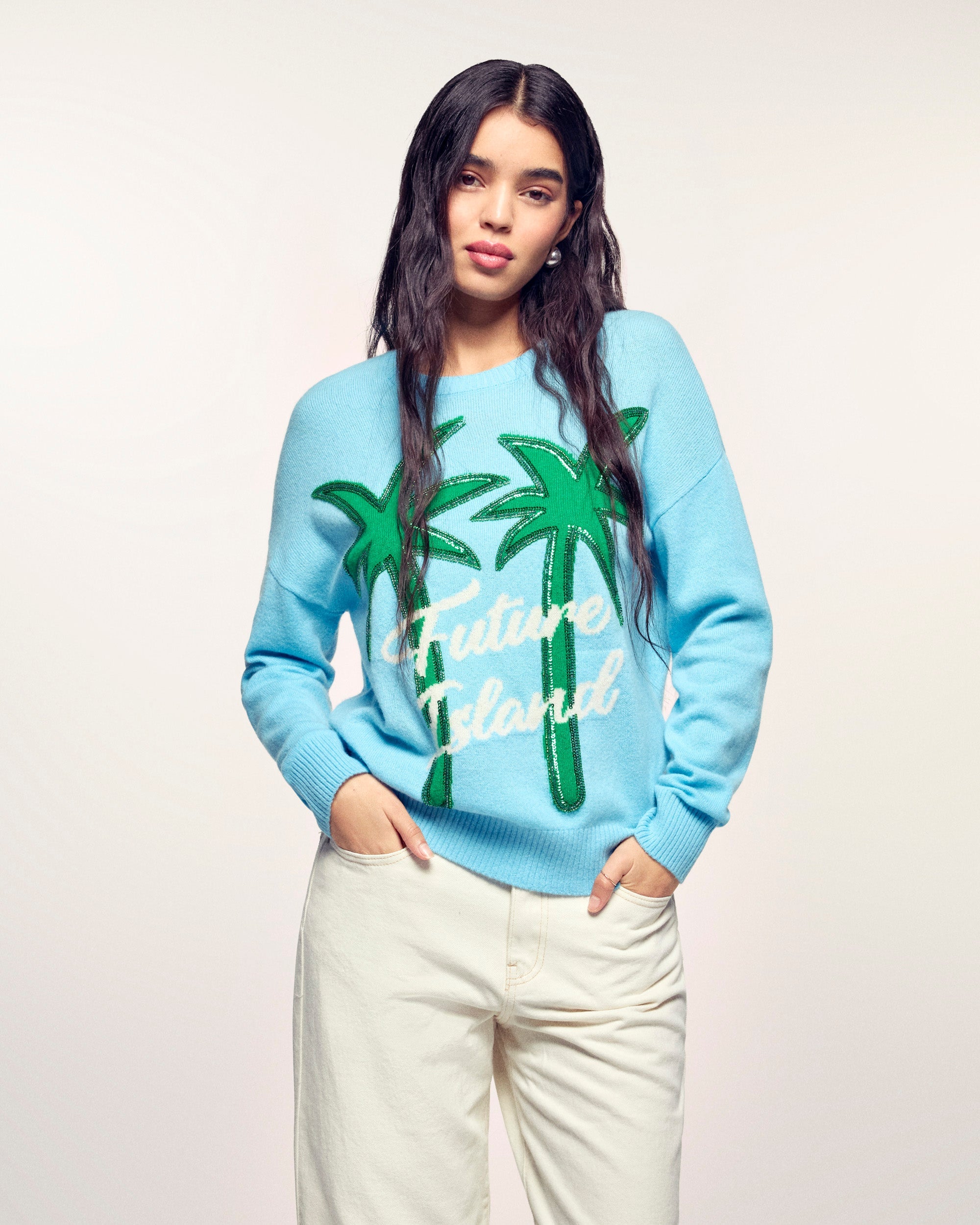Palm Tree Motif Crewneck Sweater (S26/ FEMME/ Vacation Blue)