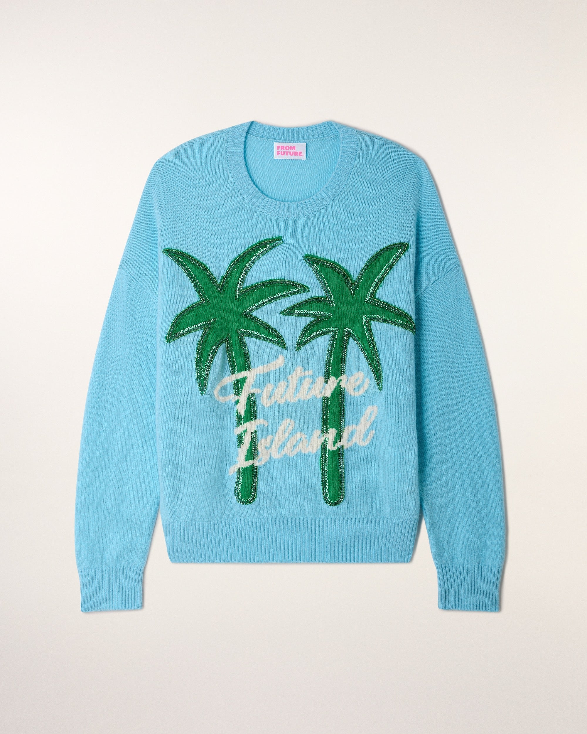 Palm Tree Motif Crewneck Sweater (S26/ FEMME/ Vacation Blue)