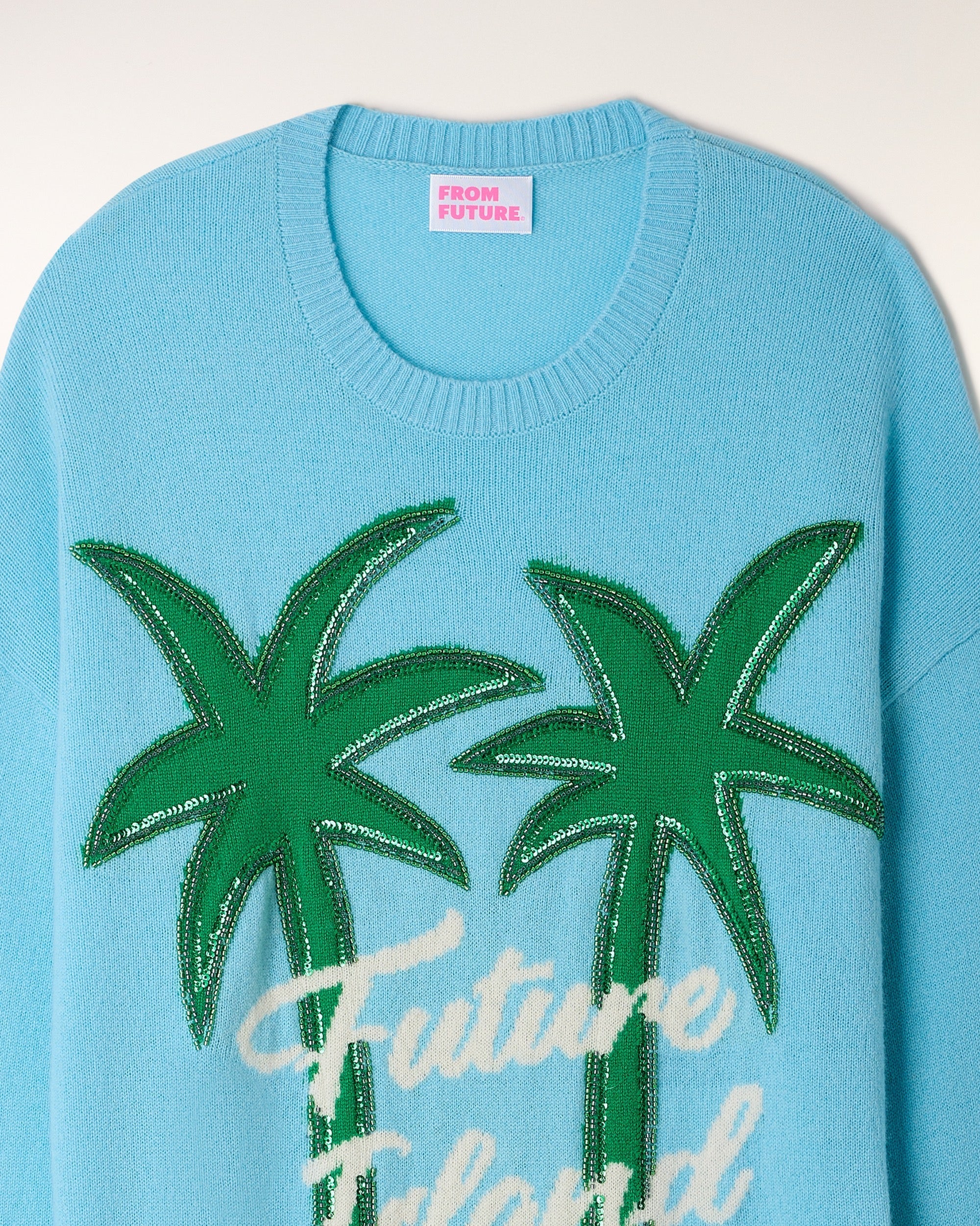 Palm Tree Motif Crewneck Sweater (S26/ FEMME/ Vacation Blue)