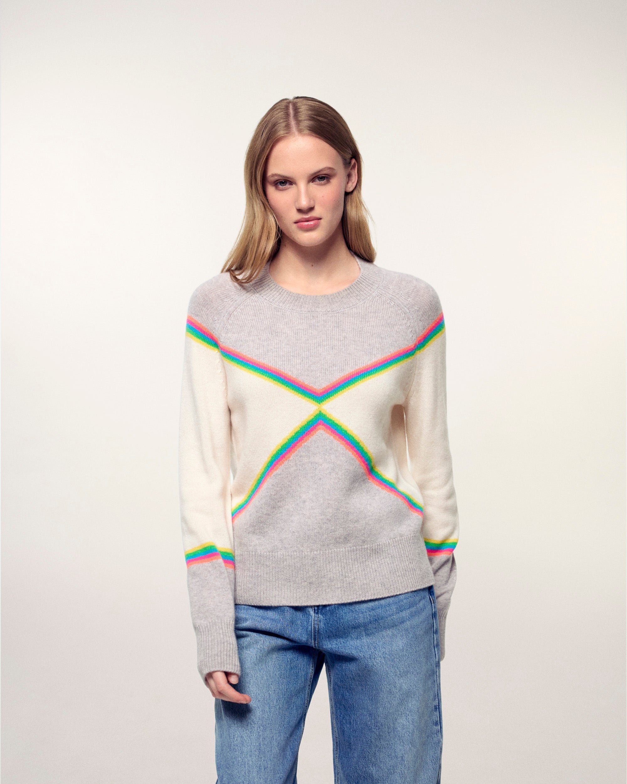 Multicolored Striped Crewneck Sweater (S26/ FEMME/ Gris Chiné Clair)
