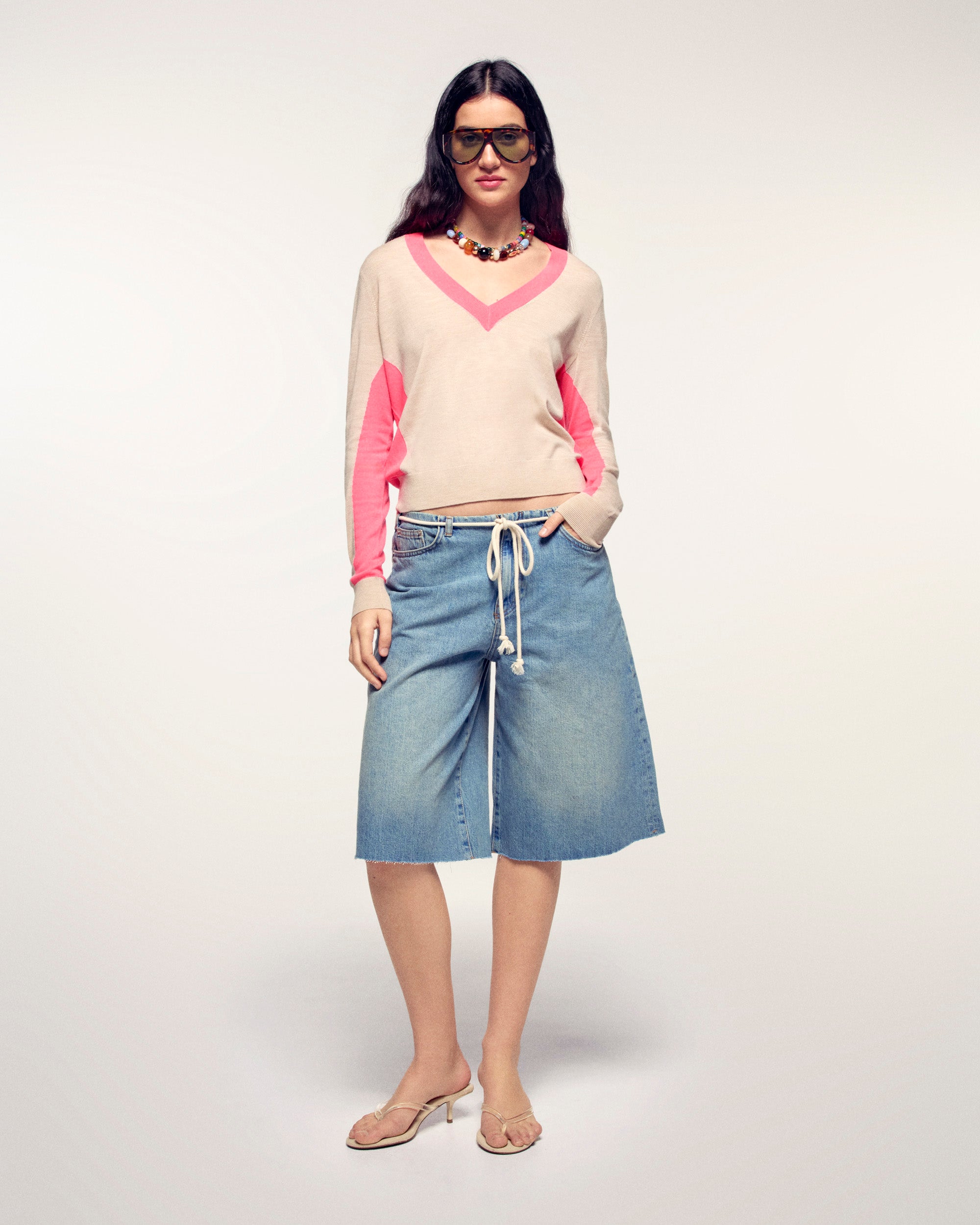 Contrasting Striped V-neck Sweater (S26 / FEMME / Beige Chiné / RWS)