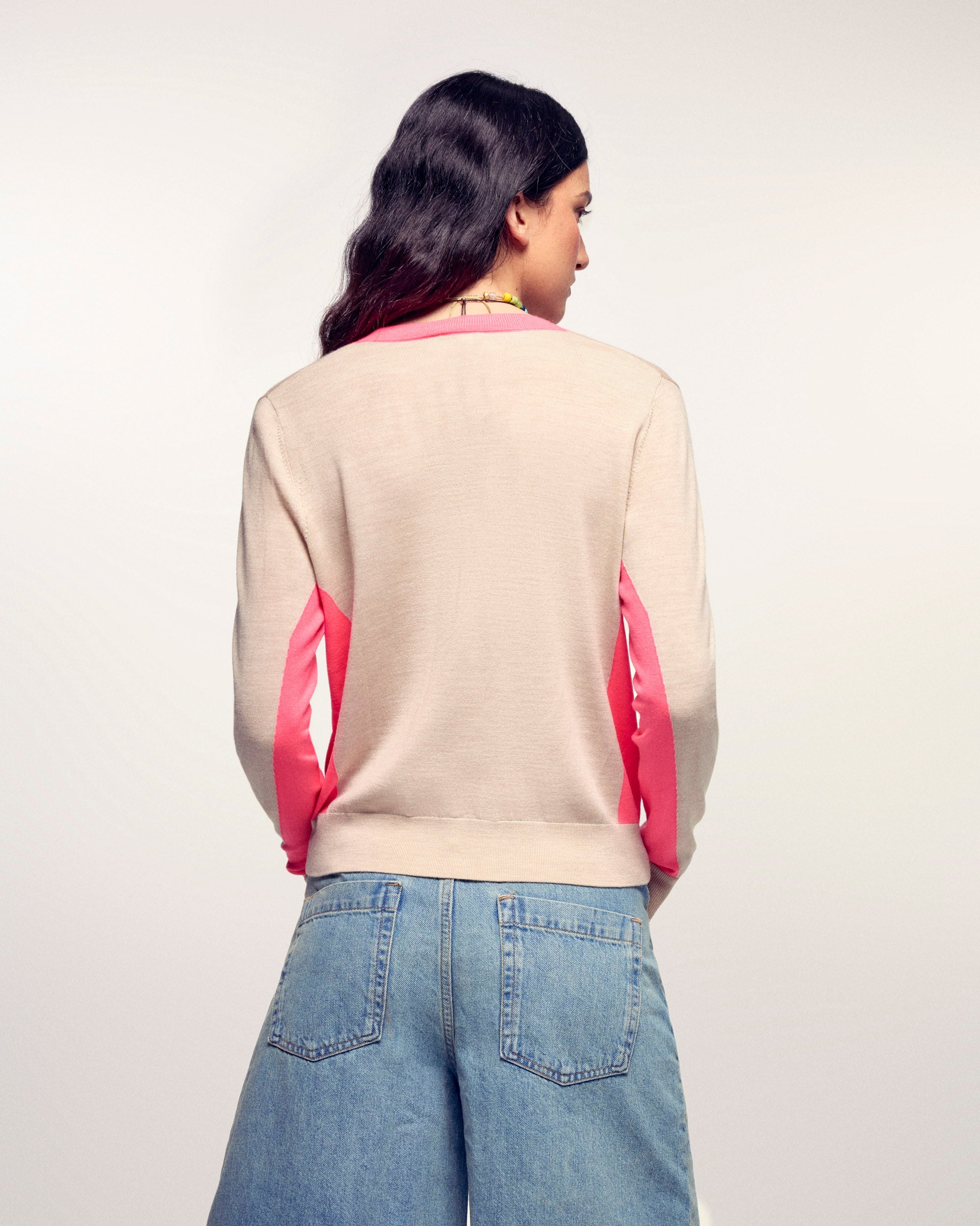 Contrasting Striped V-neck Sweater (S26 / FEMME / Beige Chiné / RWS)