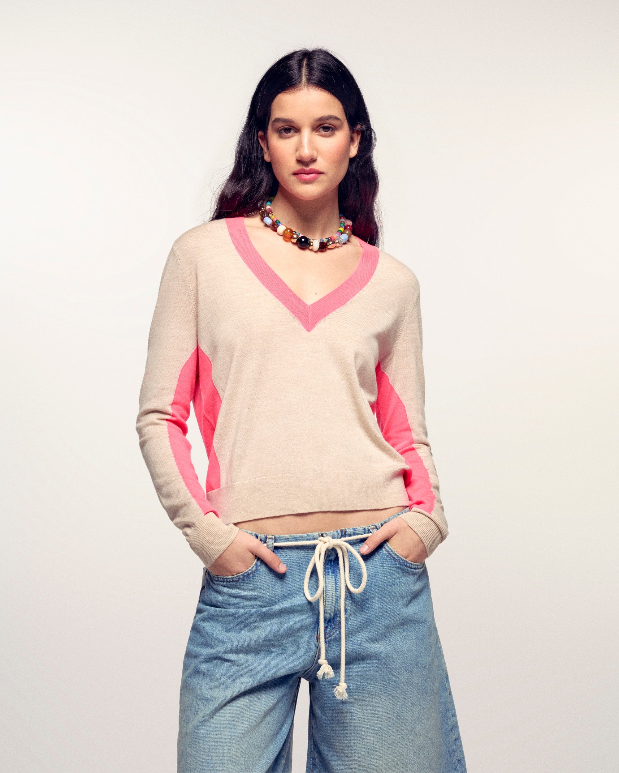 Contrasting Striped V-neck Sweater (S26 / FEMME / Beige Chiné / RWS)