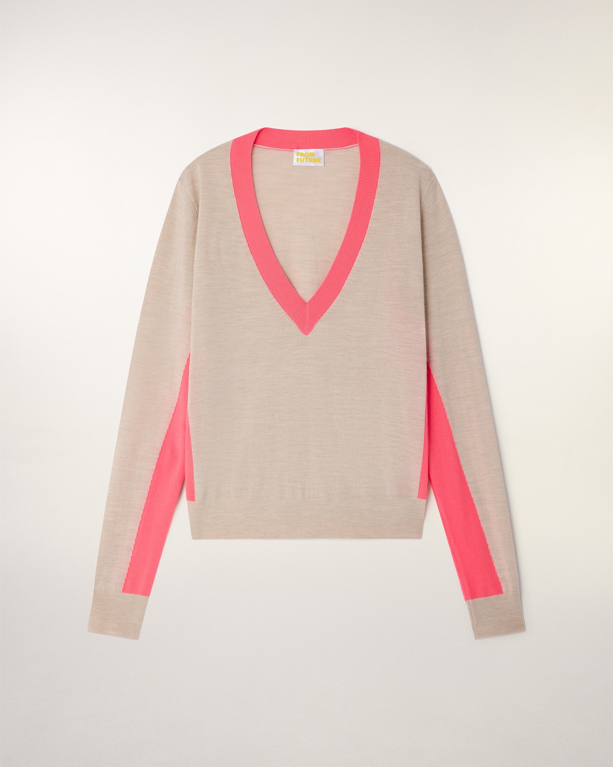 Contrasting Striped V-neck Sweater (S26 / FEMME / Beige Chiné / RWS)
