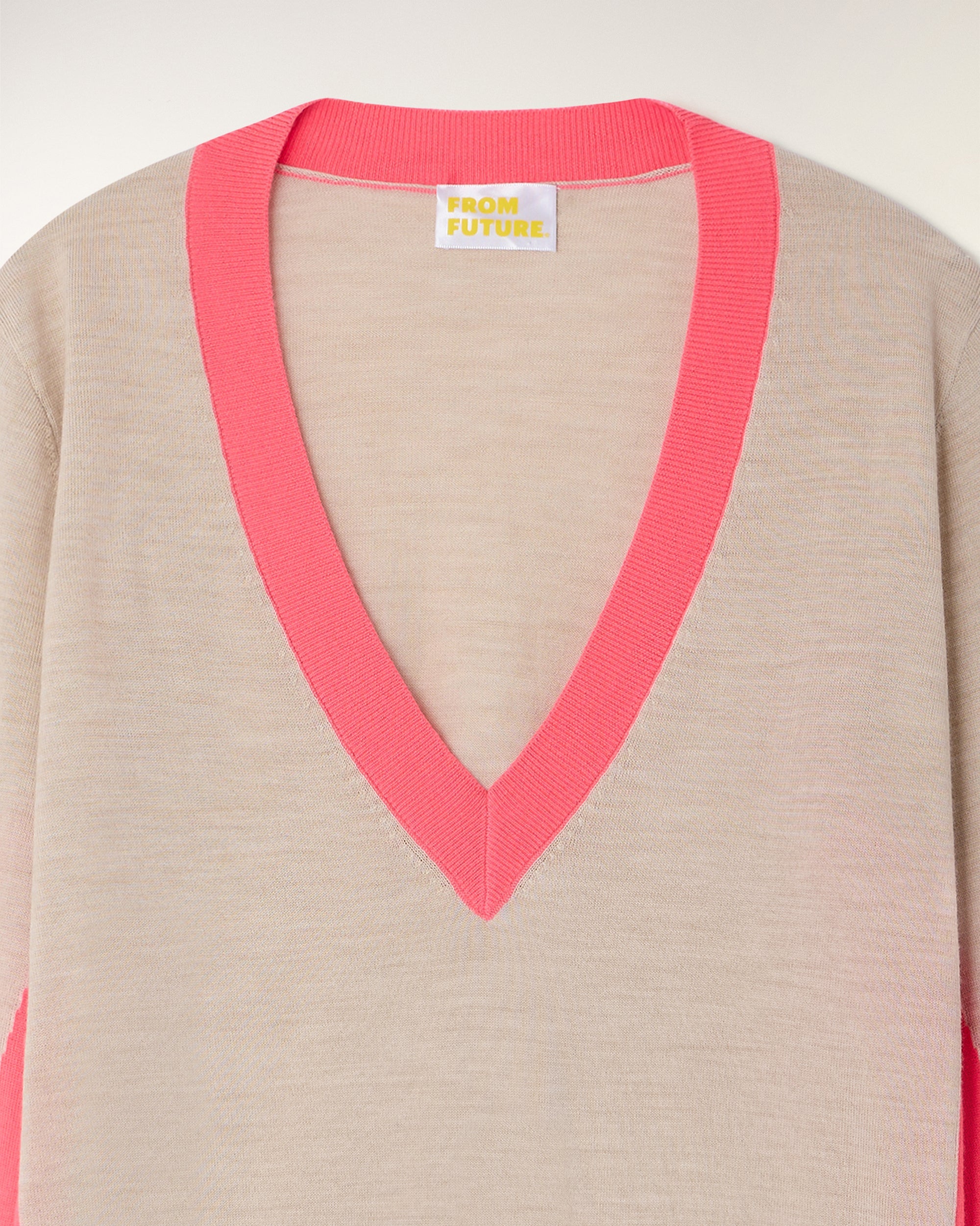 Contrasting Striped V-neck Sweater (S26 / FEMME / Beige Chiné / RWS)
