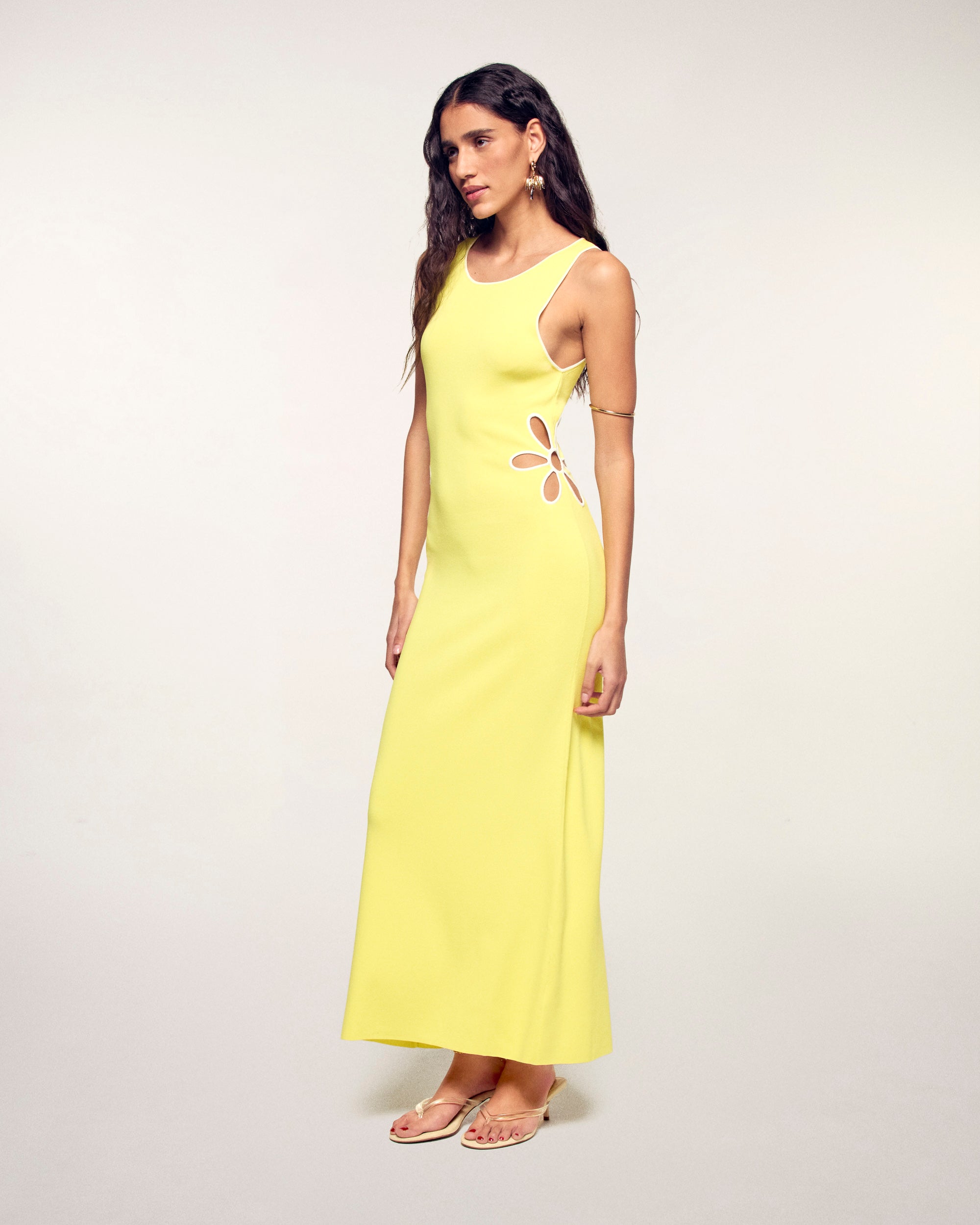 Long Strappy Dress with Flower Cut-outs (S26/ FEMME/ Sky Yellow)