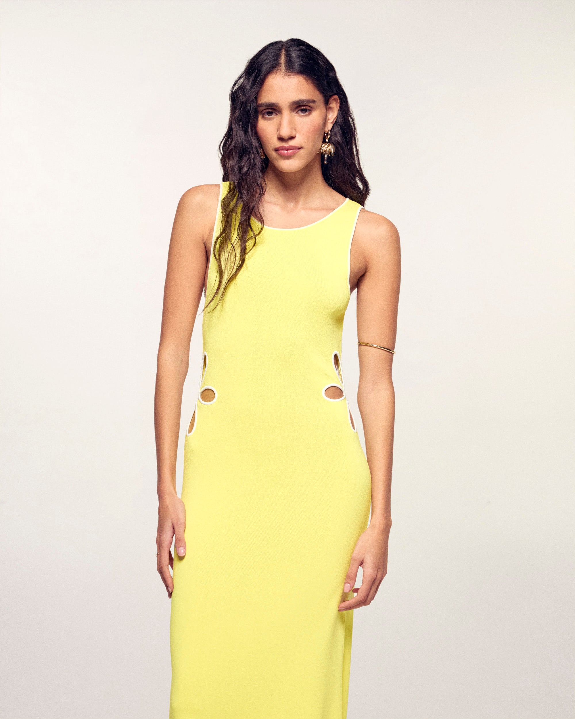 Long Strappy Dress with Flower Cut-outs (S26/ FEMME/ Sky Yellow)