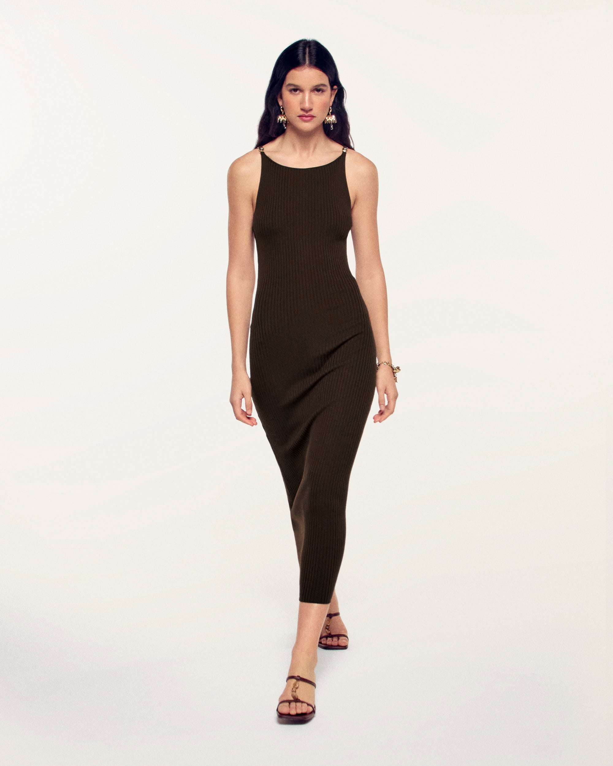 Long Ribbed Dress with Jewel Shoulders (S26 / FEMME / Chocolat / RWS)