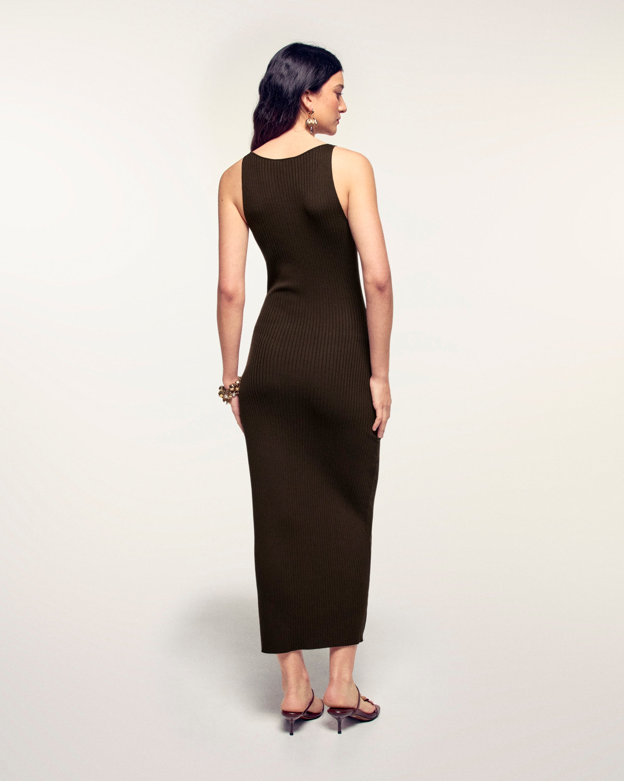 Long Ribbed Dress with Jewel Shoulders (S26 / FEMME / Chocolat / RWS)