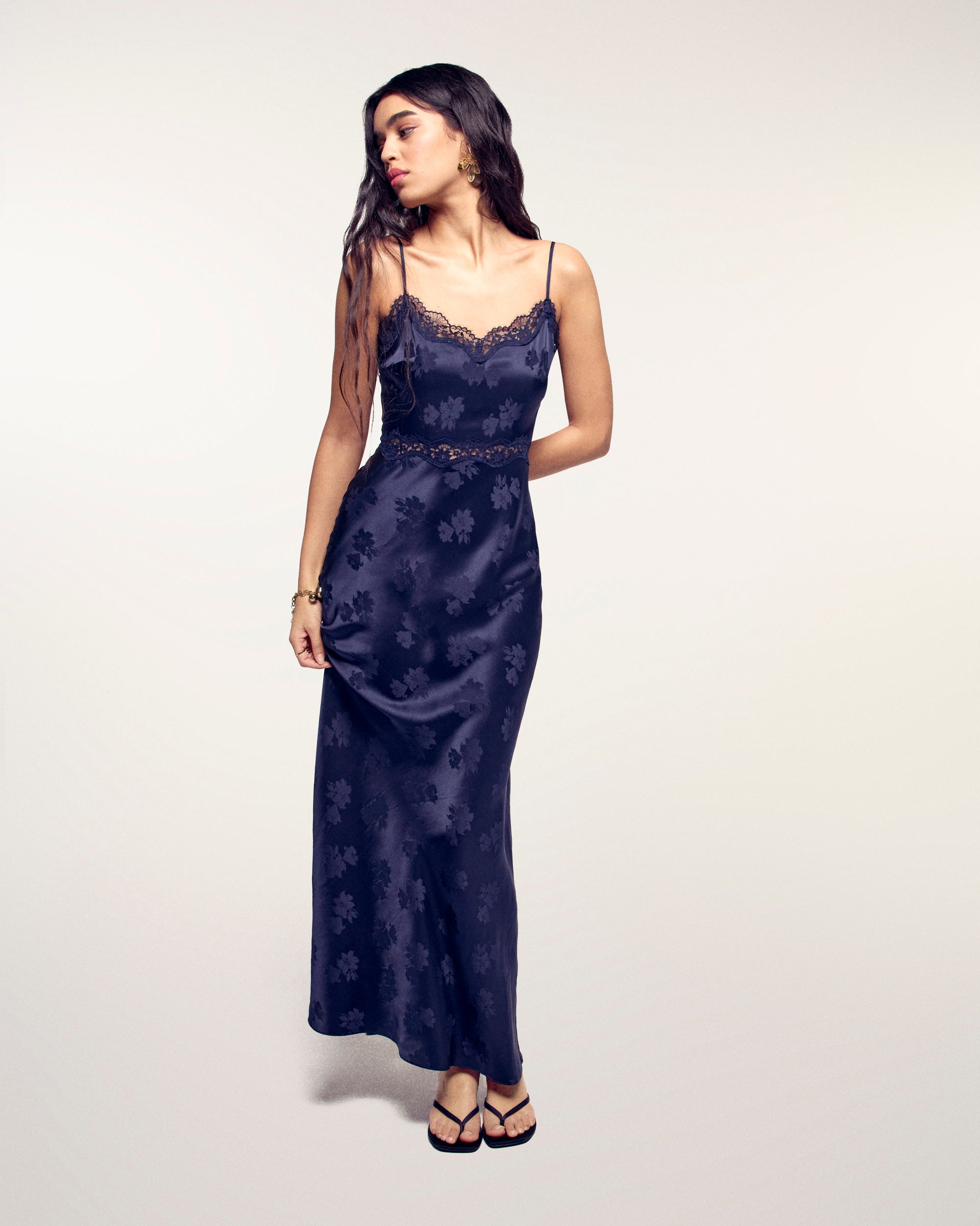 Long Lace Strappy Dress (S26 / FEMME / Navy jacquard)