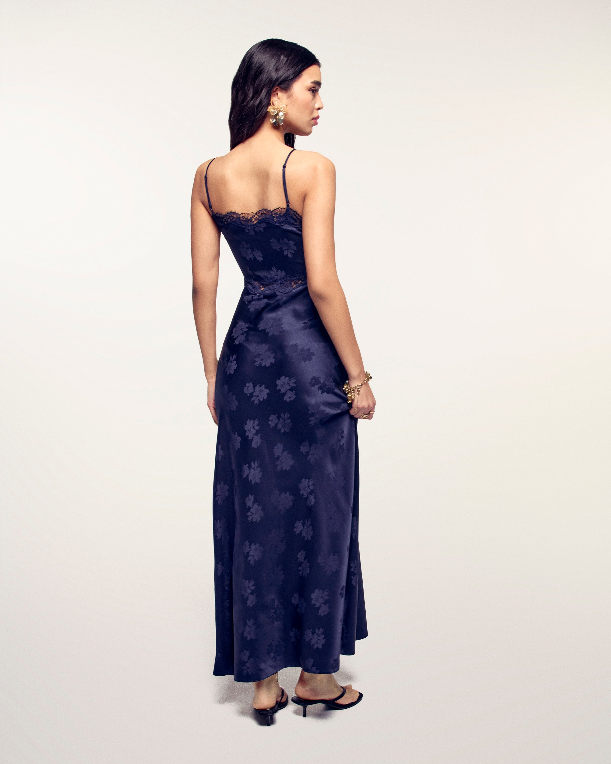 Long Lace Strappy Dress (S26 / FEMME / Navy jacquard)