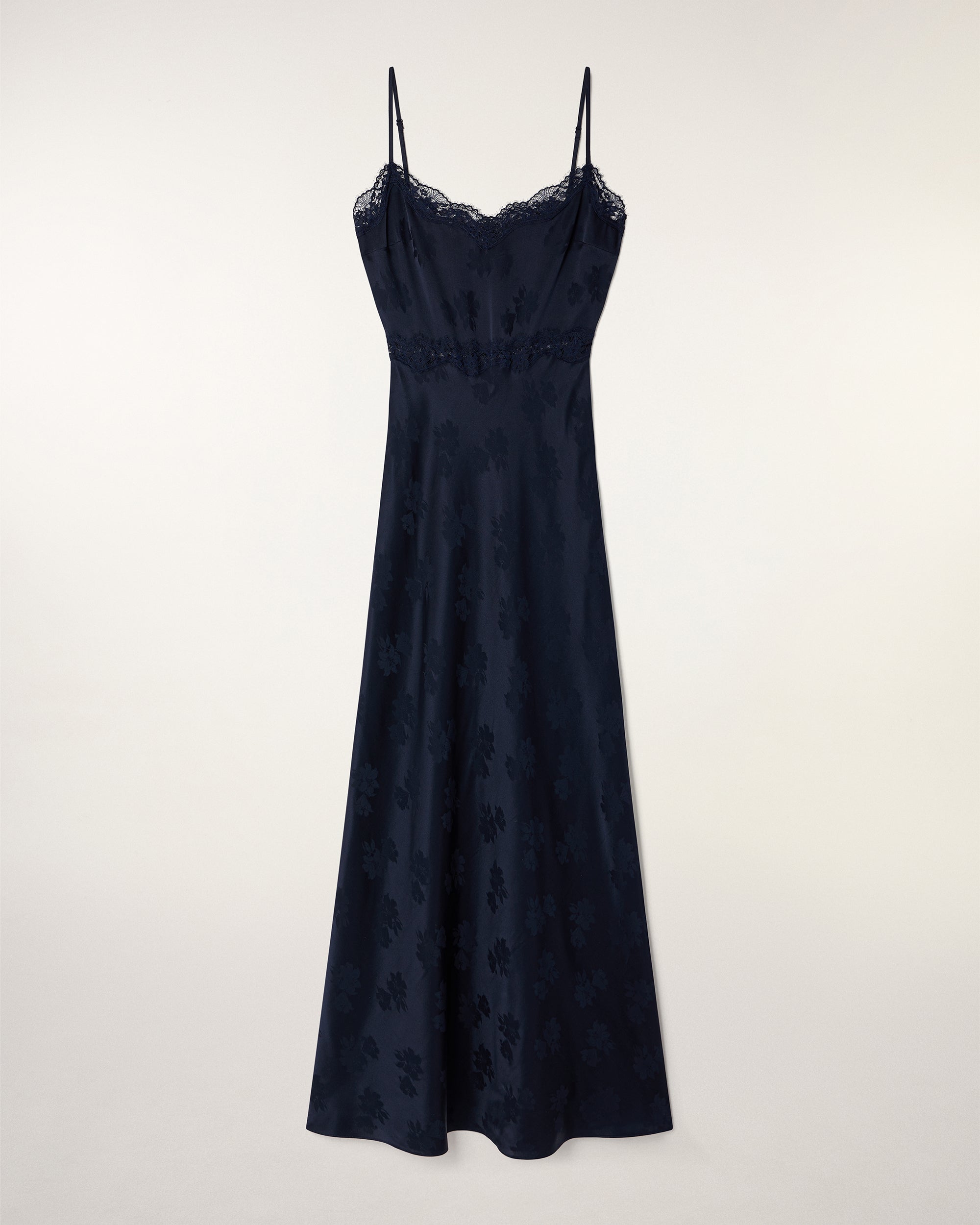 Long Lace Strappy Dress (S26 / FEMME / Navy jacquard)