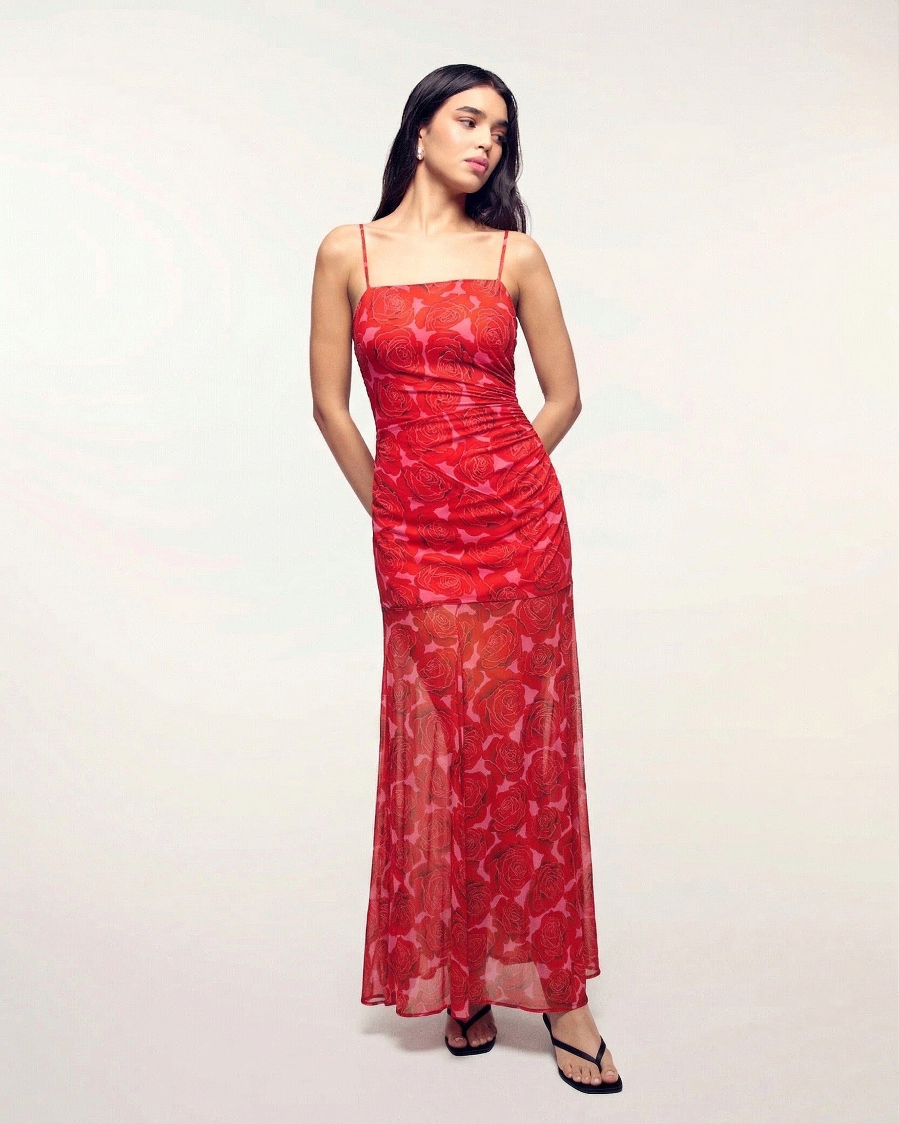 Dual-Material Strappy Long Dress (S26 / FEMME / Solar Roses)