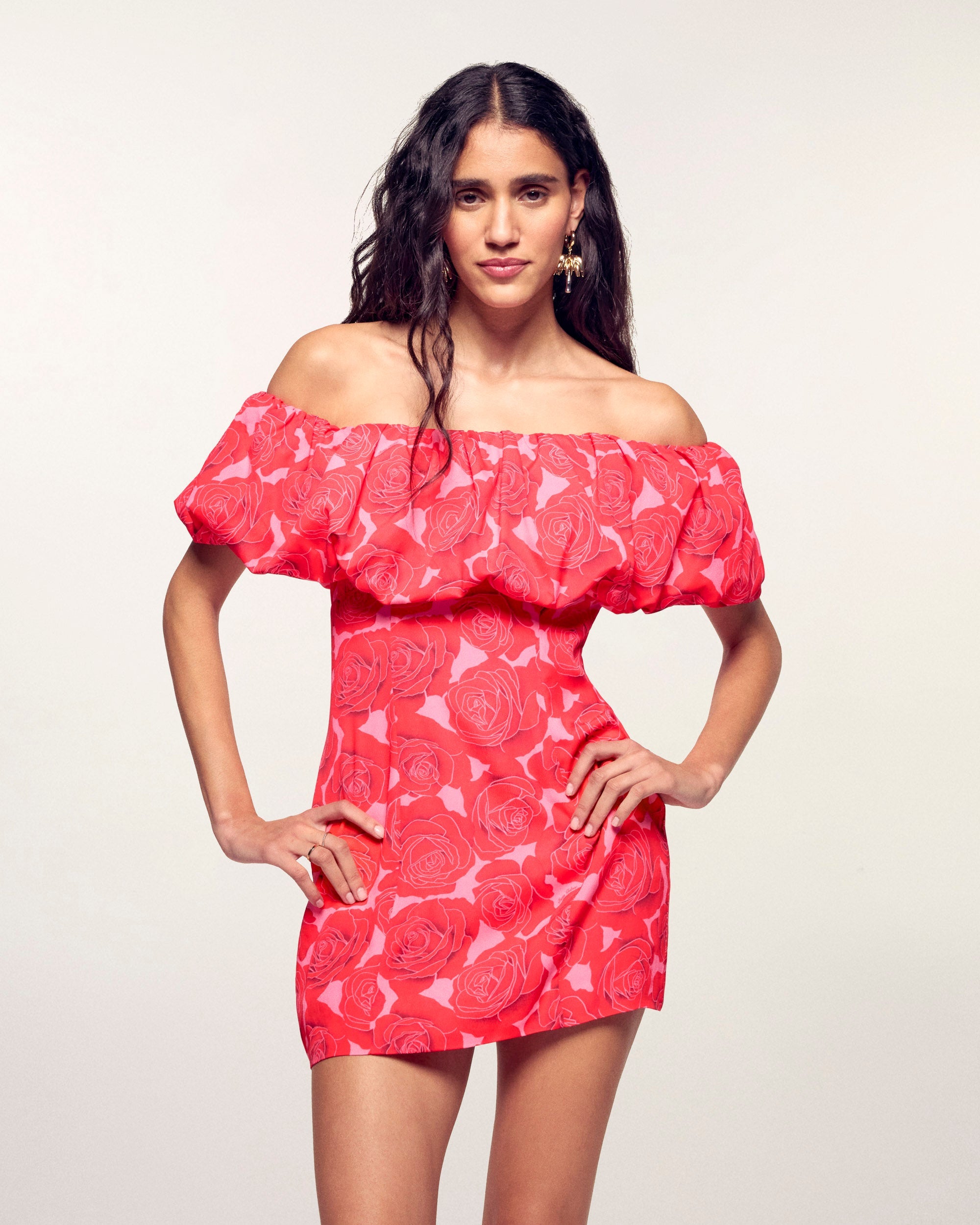 Bardot Neckline Short Dress (S26 / FEMME / Solar Roses)