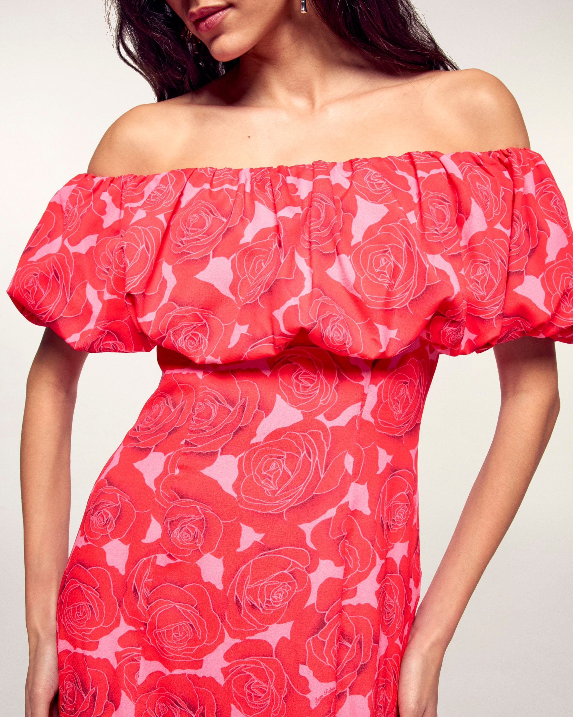 Bardot Neckline Short Dress (S26 / FEMME / Solar Roses)