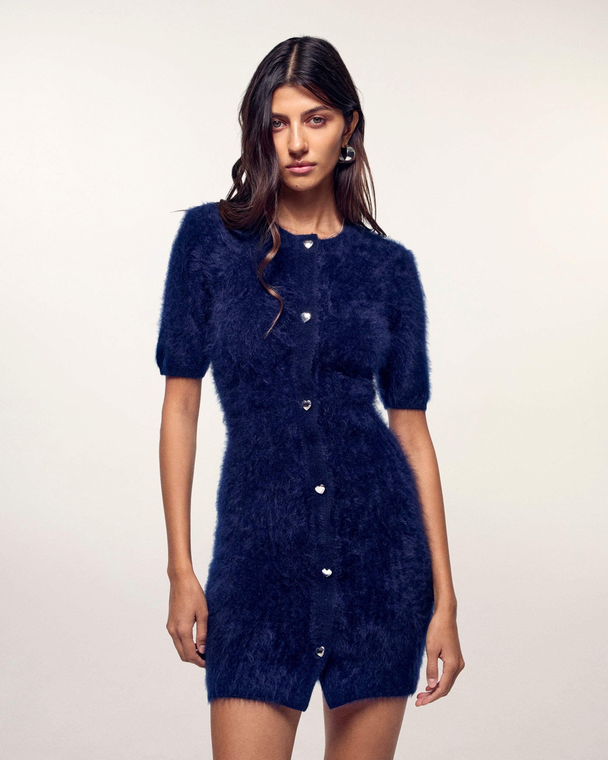 Brushed Cashmere Dress with Silver Heart Buttons (S26 / FEMME / Navy)