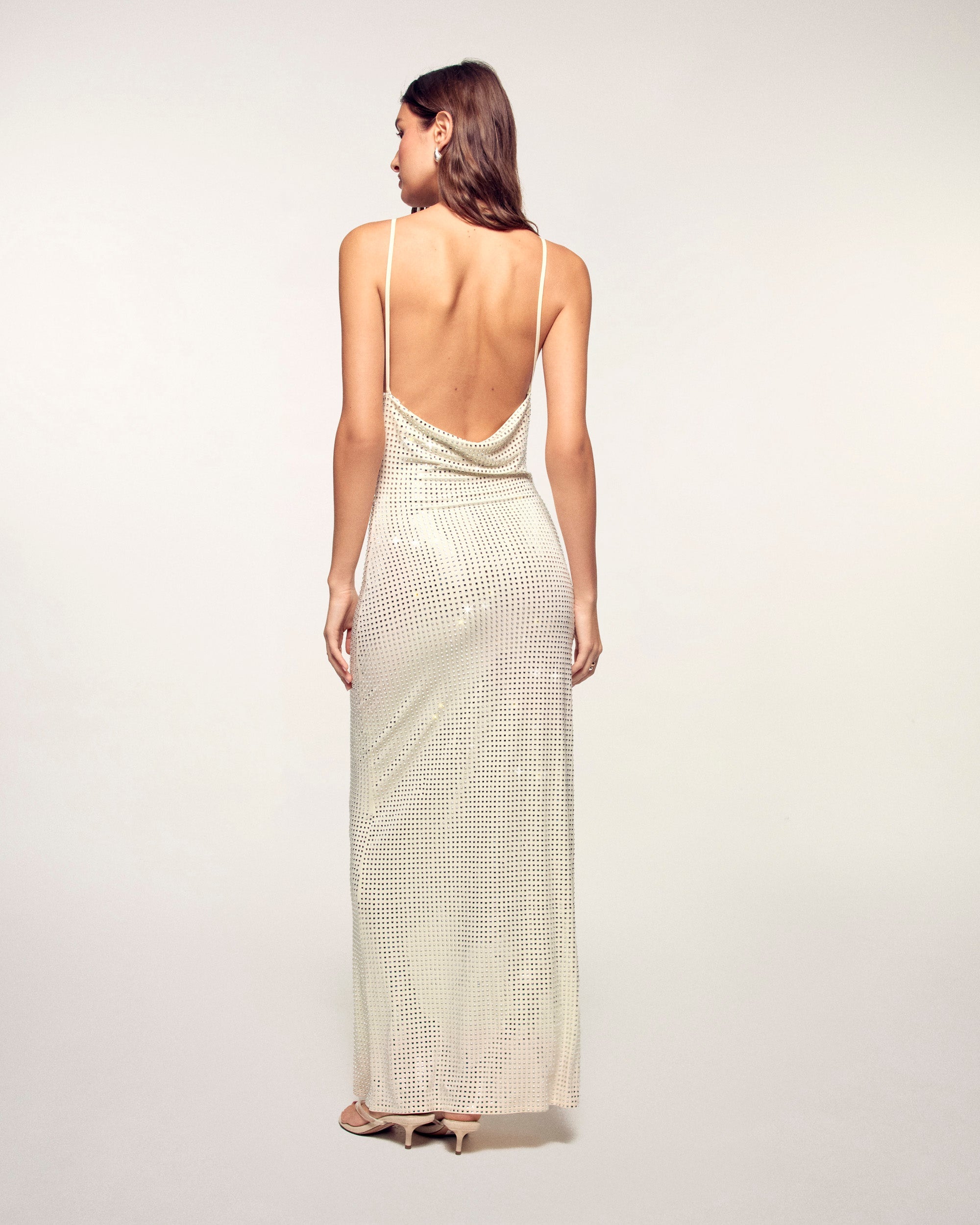 Rhinestone Cowl Neck Long Dress (S26 / FEMME / Ecru)