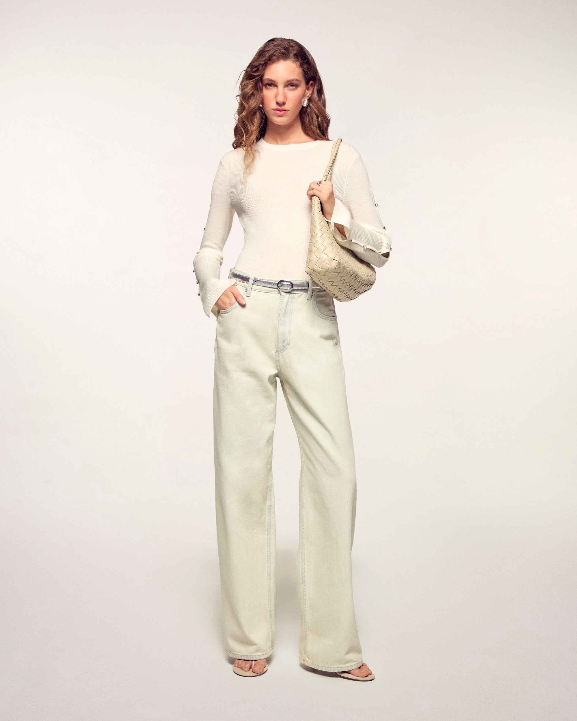 Crewneck Top with Heart Buttons on Sleeves (S26 / FEMME / ECRU / RWS)