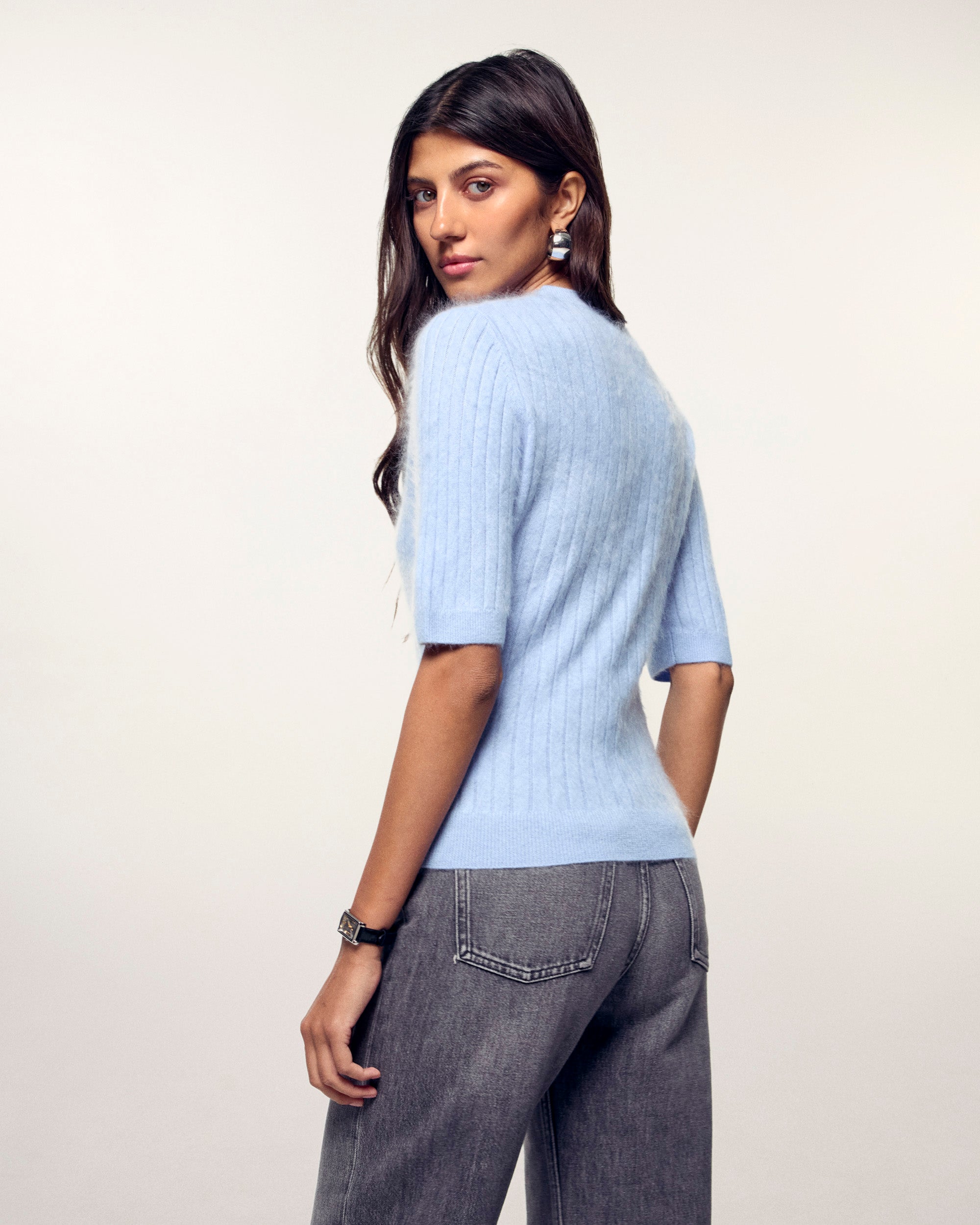 Brushed Striped Short-Sleeve Top (S26 / FEMME / Baby Blue)