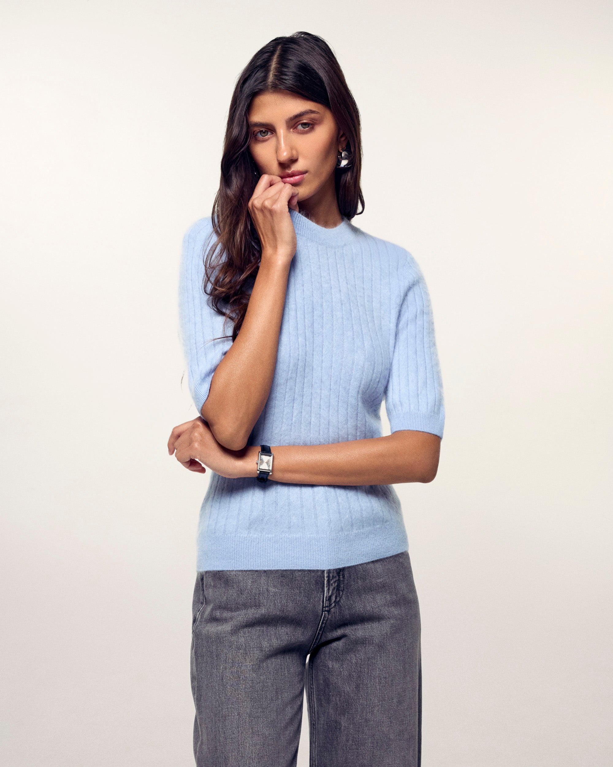 Brushed Striped Short-Sleeve Top (S26 / FEMME / Baby Blue)
