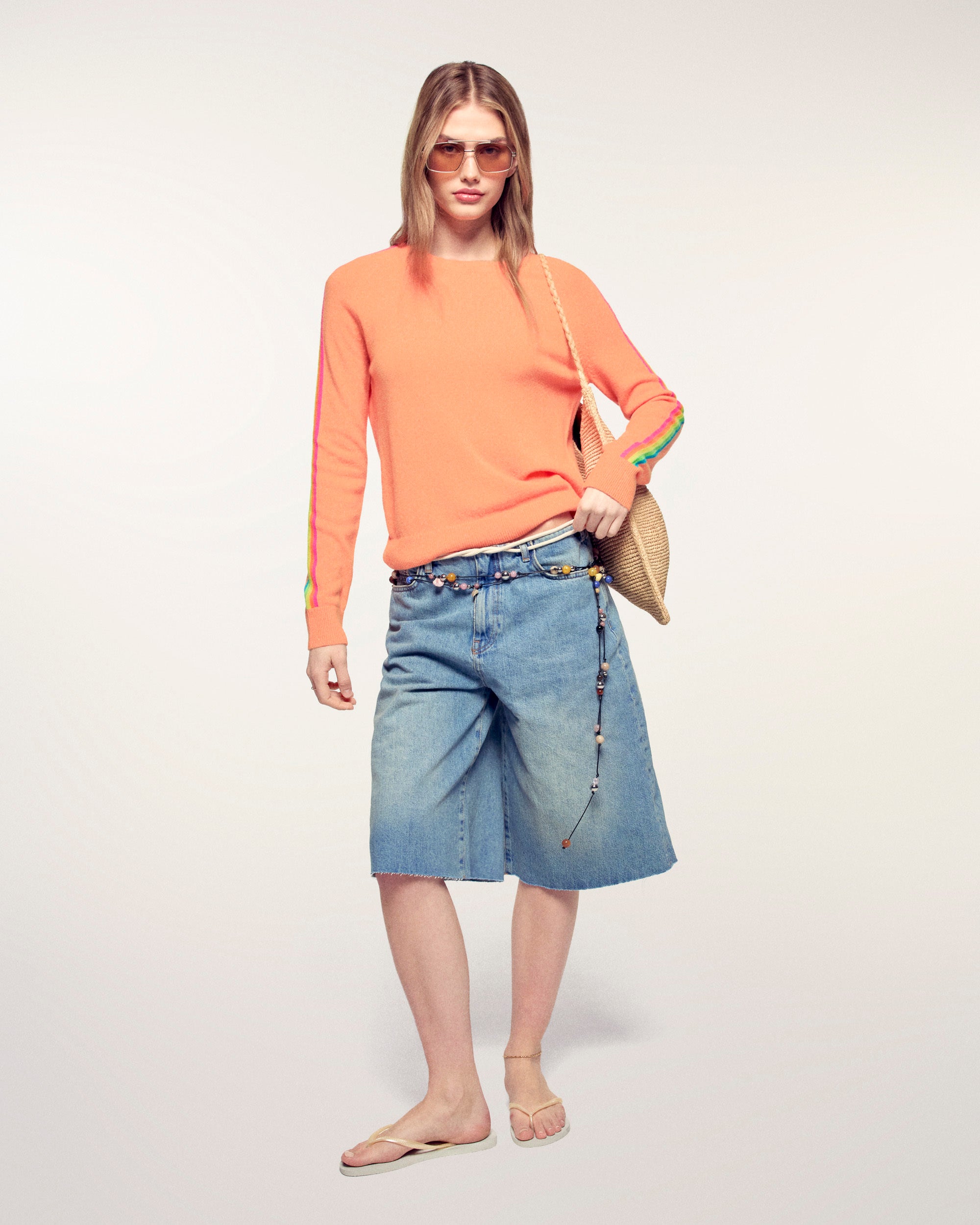 Multicolored Stripe Sleeve Crewneck Sweater (S26 / FEMME / Star Orange)