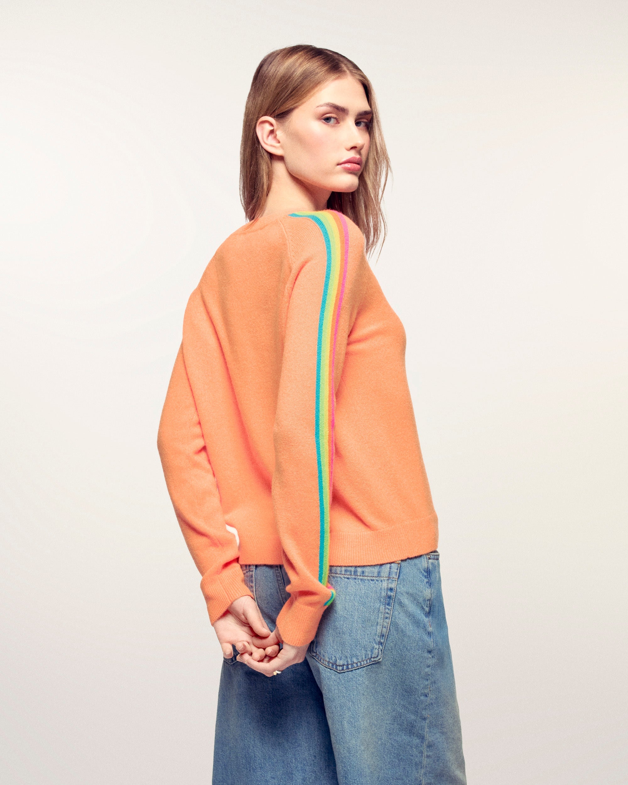 Multicolored Stripe Sleeve Crewneck Sweater (S26 / FEMME / Star Orange)