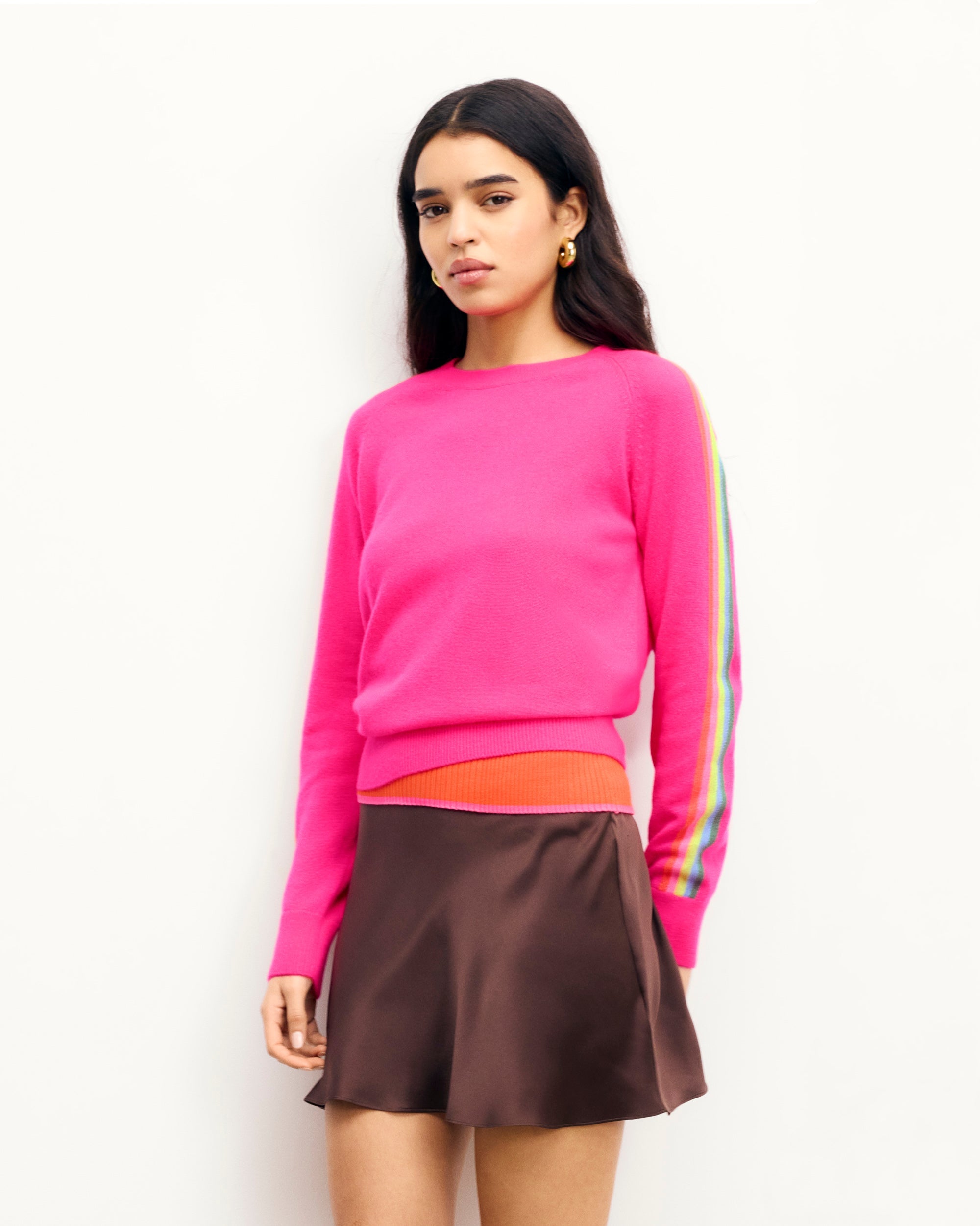 Crewneck Sweater with Multicolored Stripes on the Sleeves (S25 / WOMEN / Paradise Pink)