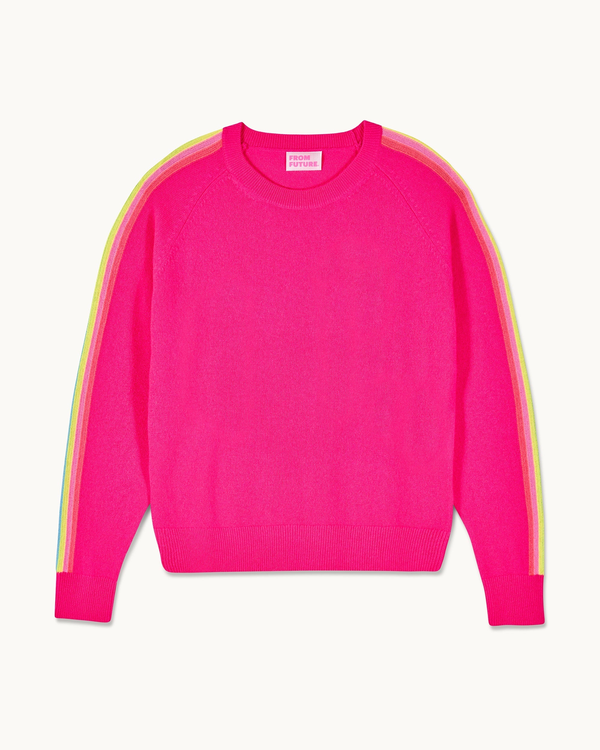 Crewneck Sweater with Multicolored Stripes on the Sleeves (S25 / WOMEN / Paradise Pink)