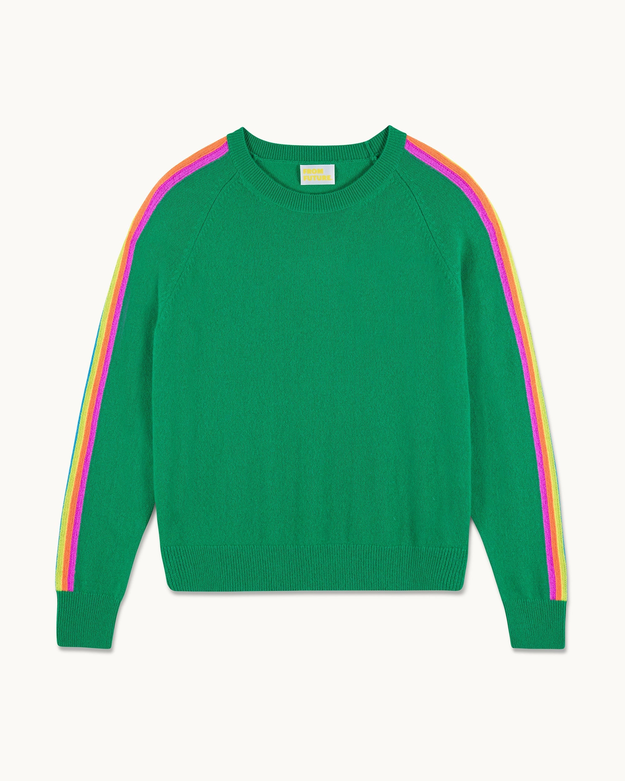 Crewneck Sweater with Multicolored Stripes on the Sleeves (S25 / WOMEN / Tropical Green)