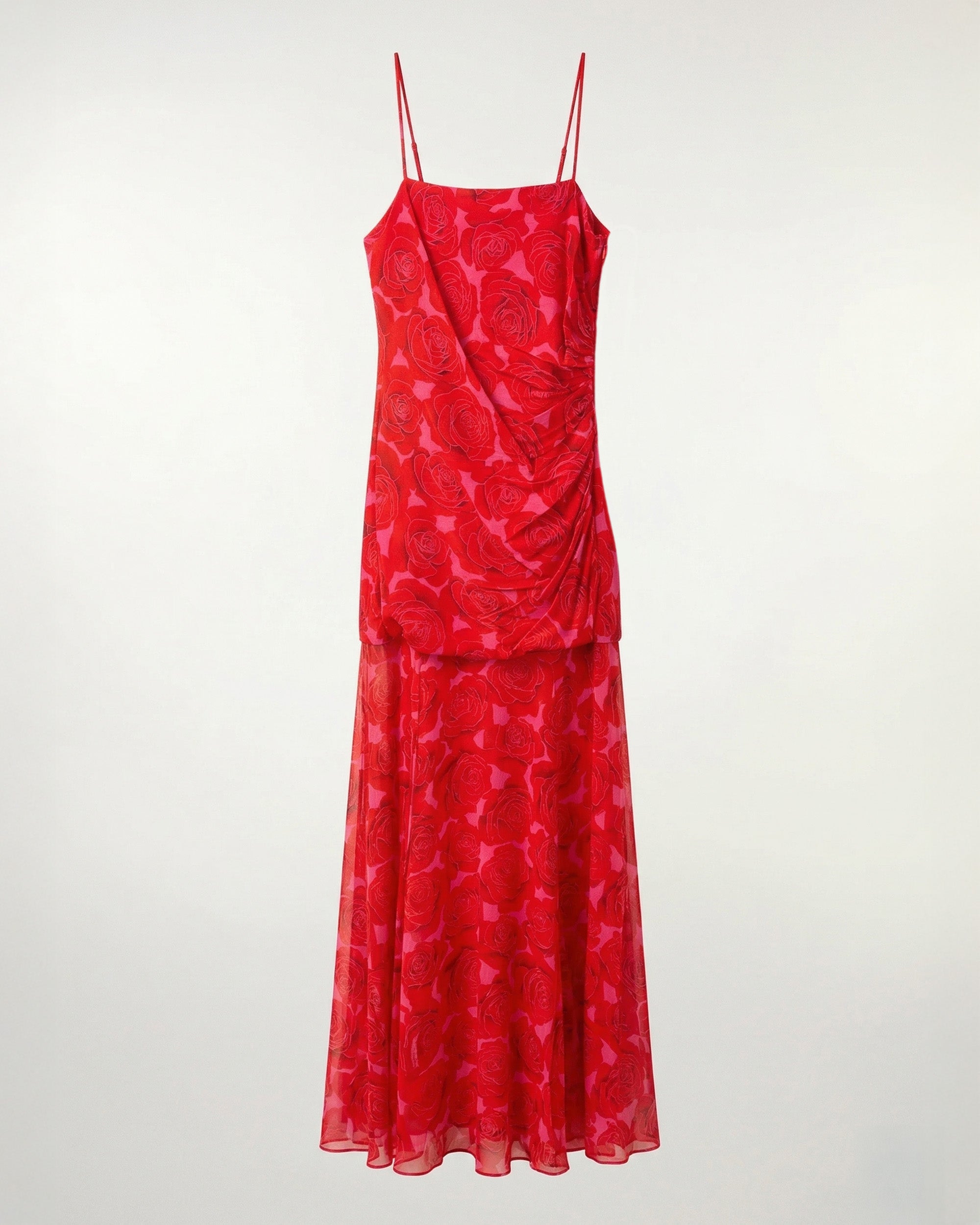 Dual-Material Strappy Long Dress (S26 / FEMME / Solar Roses)